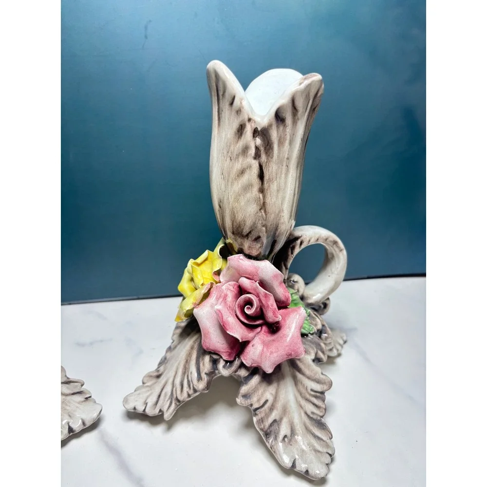Vintage Capodimonte Italy Ceramic Floral Candlestick Holders Pair 7